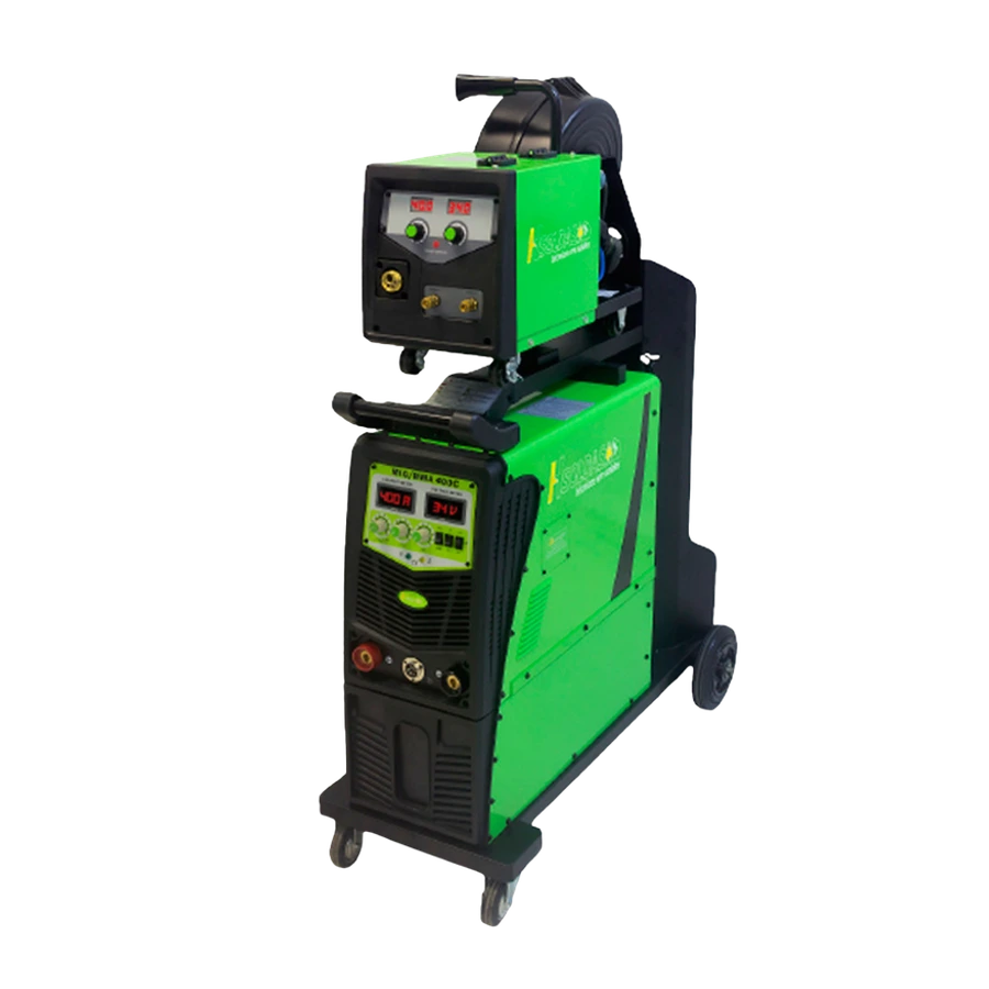 Inversora de solda MIG/MMA 400 C verde, sobre carrinho, com alimentador de arame Inversora de solda MIG/MMA 400 C verde, sobre carrinho, com alimentador de arame