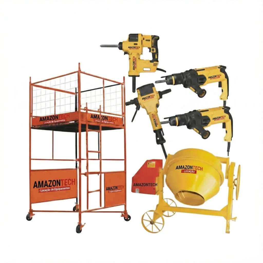 Equipamentos para construção civil disponíveis para locação (imagem ilustrativa)