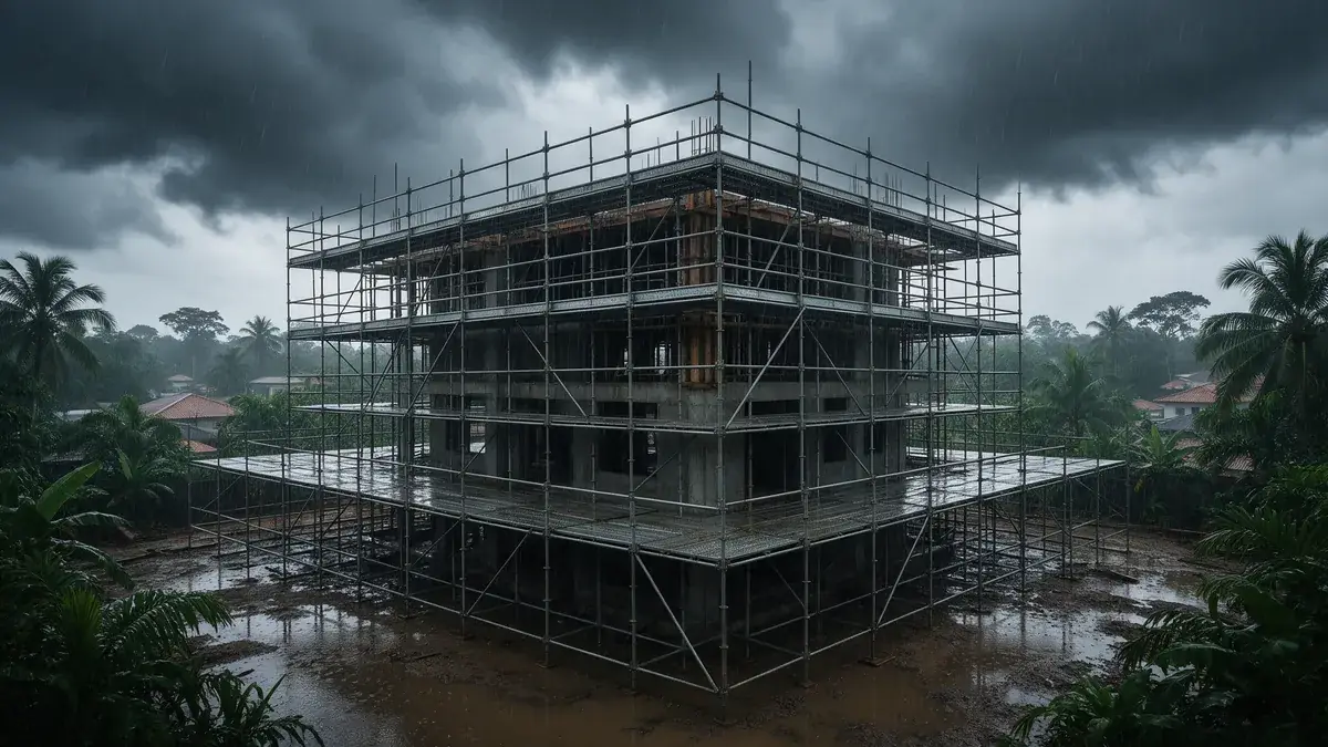 Andaime montado em obra sob chuva forte, com piso molhado e solo encharcado na base, cena de andaime na chuva Andaime montado em obra sob chuva forte, com piso molhado e solo encharcado na base, cena de andaime na chuva