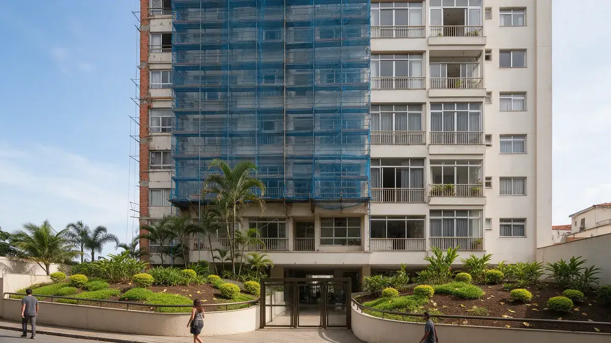 Andaime para fachada de condomínio montado em prédio residencial, com tela de proteção e passagem coberta para pedestres na calçada Andaime para fachada de condomínio montado em prédio residencial, com tela de proteção e passagem coberta para pedestres na calçada