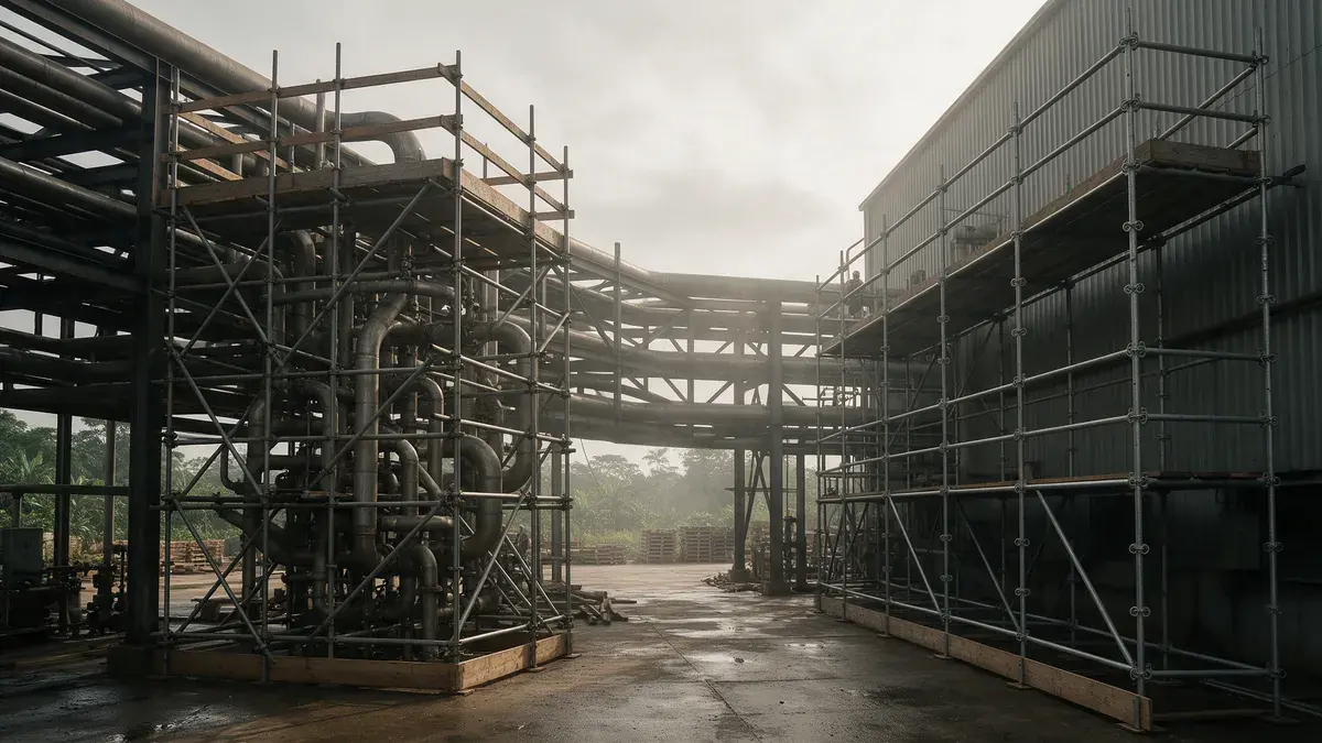 Andaime montado em volta de tubulações e estrutura industrial, cenário da escolha entre andaime tubular ou multidirecional Andaime montado em volta de tubulações e estrutura industrial, cenário da escolha entre andaime tubular ou multidirecional