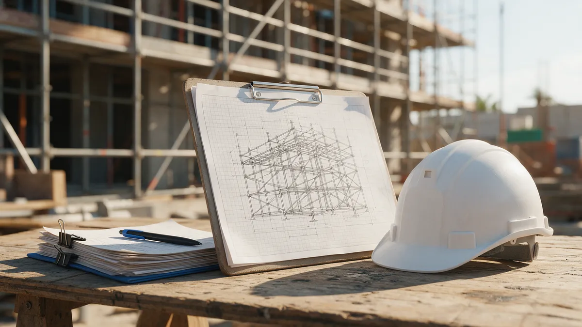 Prancheta com desenho técnico de andaime, documentos e capacete branco em mesa de obra, com andaime ao fundo: ART de andaime Prancheta com desenho técnico de andaime, documentos e capacete branco em mesa de obra, com andaime ao fundo: ART de andaime
