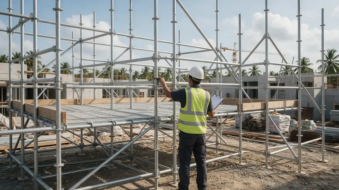 Técnico de segurança com capacete e cinturão conferindo o piso e o guarda-corpo de um andaime multidirecional em obra, durante a inspeção de andaime Técnico de segurança com capacete e cinturão conferindo o piso e o guarda-corpo de um andaime multidirecional em obra, durante a inspeção de andaime