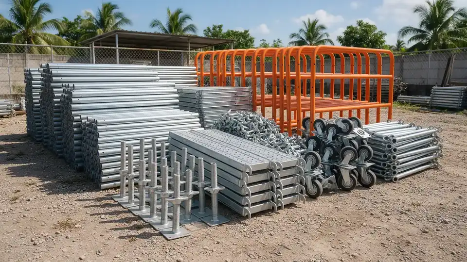 Peças de andaime separadas por tipo no canteiro: sapatas reguláveis, montantes, braçadeiras, pisos metálicos e guarda-corpos prontos para conferência Peças de andaime separadas por tipo no canteiro: sapatas reguláveis, montantes, braçadeiras, pisos metálicos e guarda-corpos prontos para conferência