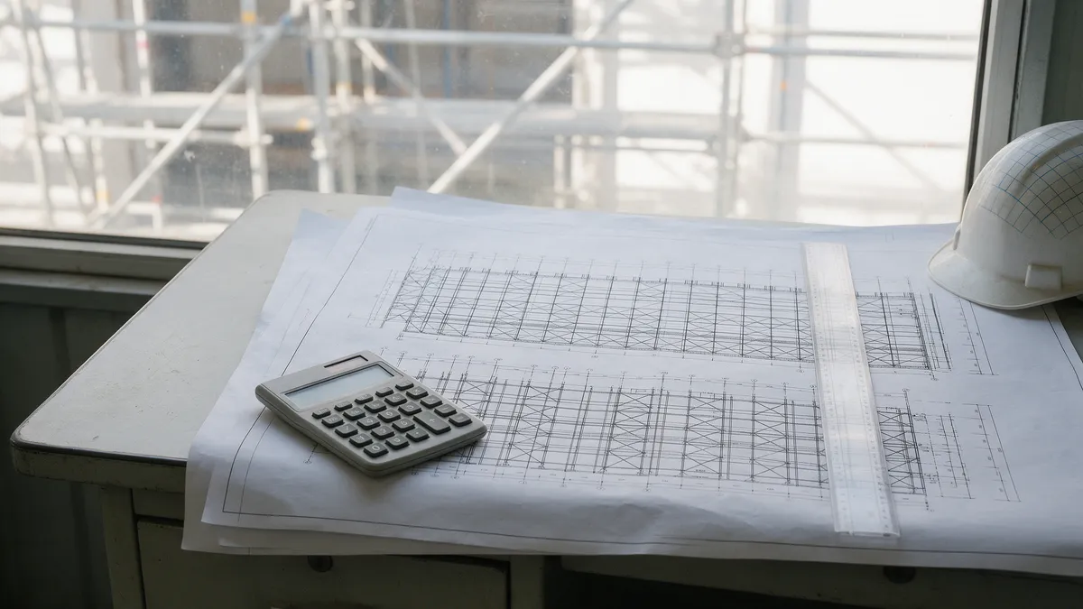Desenhos técnicos de andaime, calculadora e capacete sobre mesa de escritório de obra: projeto de montagem de andaime Desenhos técnicos de andaime, calculadora e capacete sobre mesa de escritório de obra: projeto de montagem de andaime