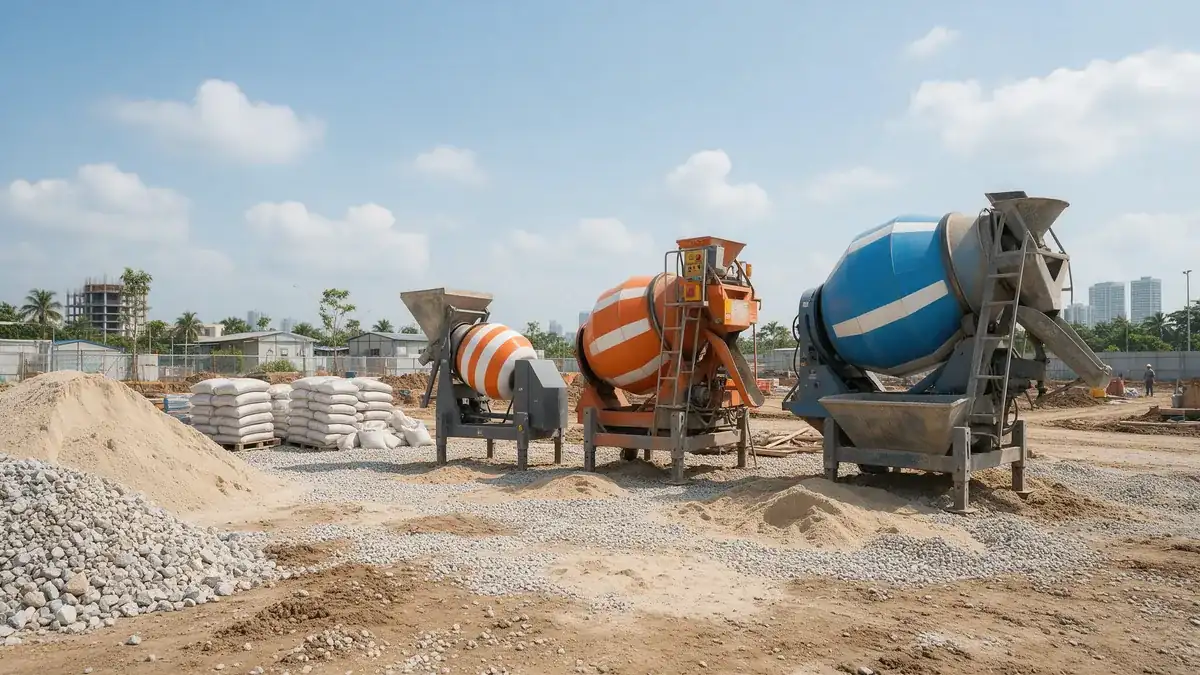 Três betoneiras de tamanhos diferentes lado a lado em canteiro de obra com areia, brita e cimento: tamanho de betoneira Três betoneiras de tamanhos diferentes lado a lado em canteiro de obra com areia, brita e cimento: tamanho de betoneira