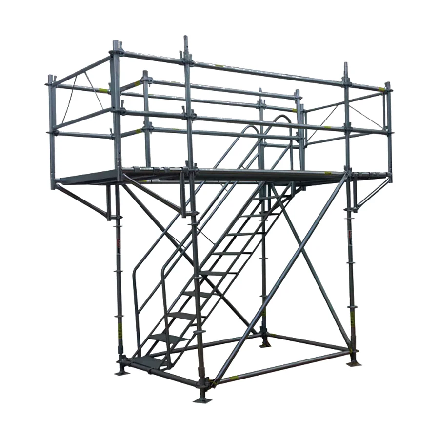 Estrutura de andaime multidirecional com plataformas, guarda-corpo e escada interna Estrutura de andaime multidirecional com plataformas, guarda-corpo e escada interna