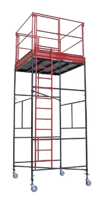 Torre de andaime tubo roll sobre rodízios, com plataforma e escada de acesso interna Torre de andaime tubo roll sobre rodízios, com plataforma e escada de acesso interna