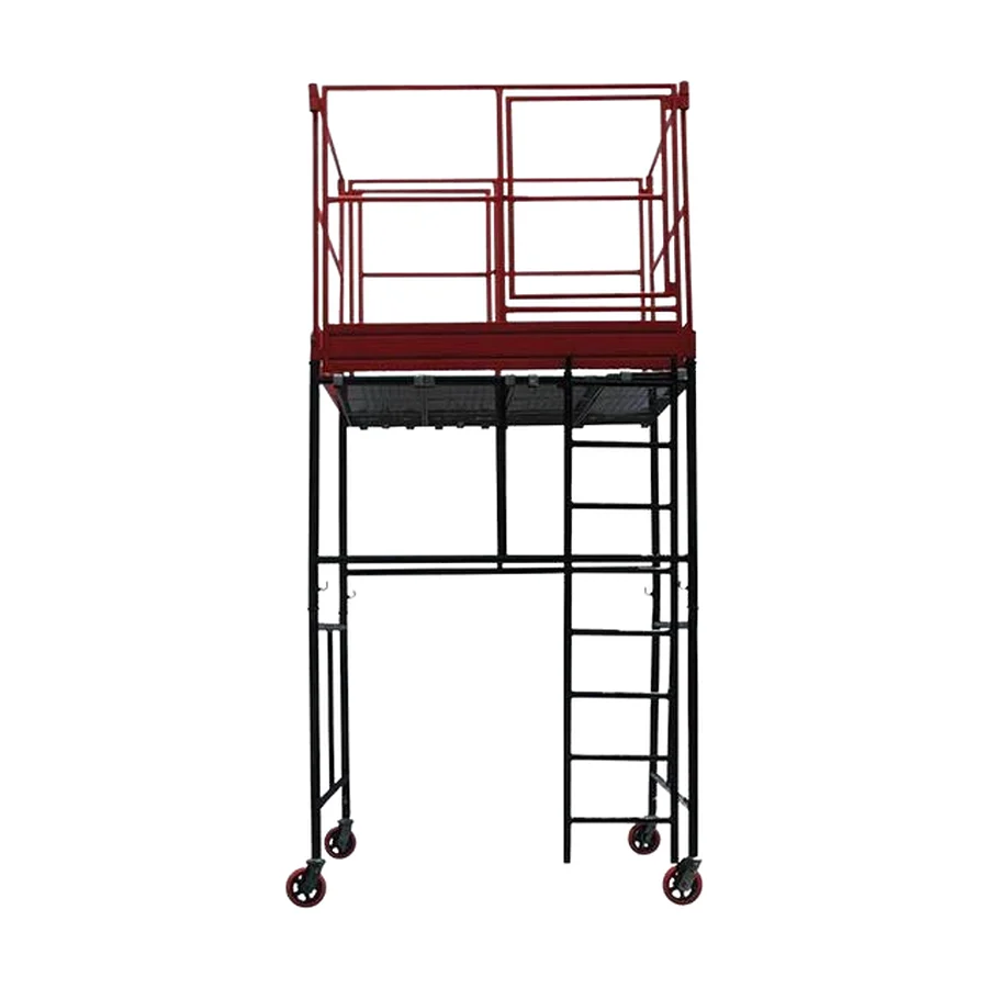 Torre de andaime tubular sobre rodízios, com plataforma, guarda-corpo vermelho e escada Torre de andaime tubular sobre rodízios, com plataforma, guarda-corpo vermelho e escada